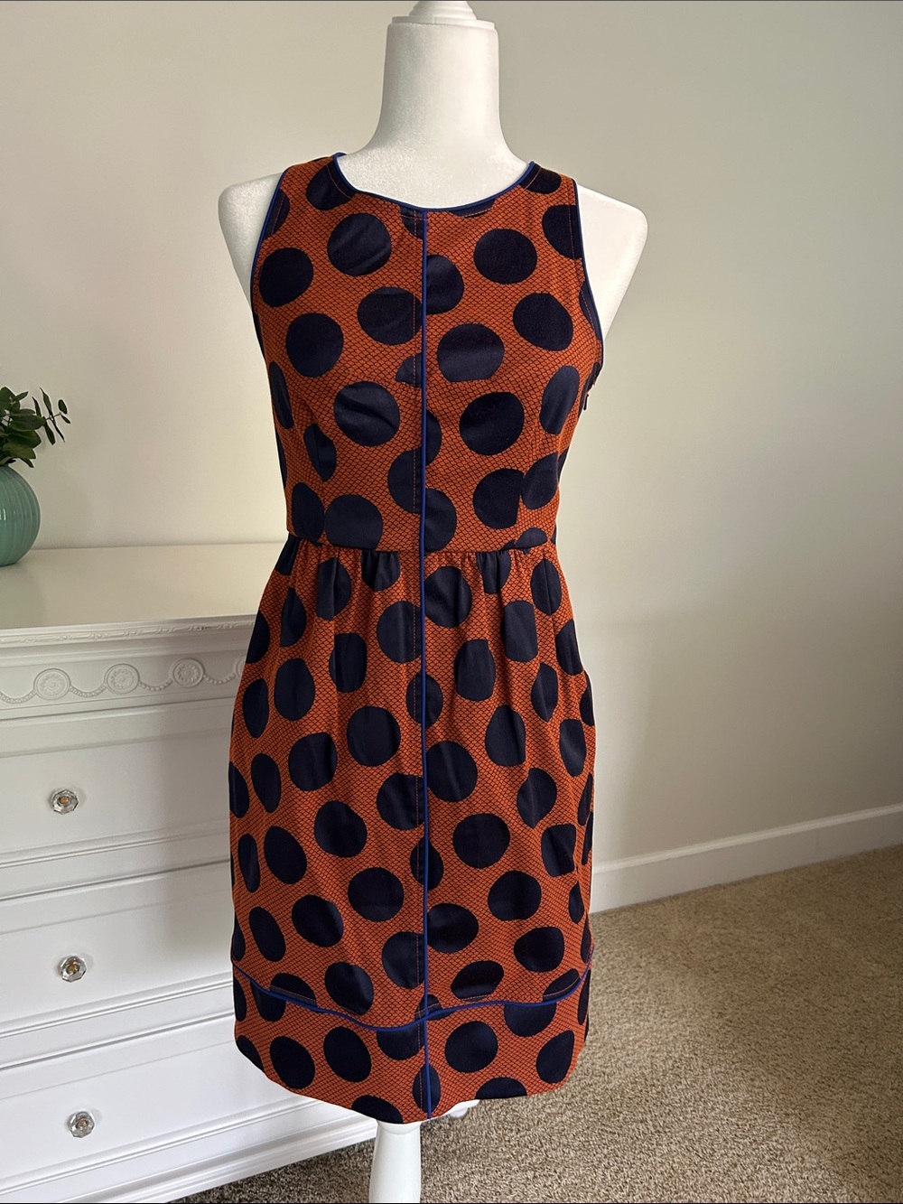 Anthropologie Rust Orange Dress with Navy Polka Dots